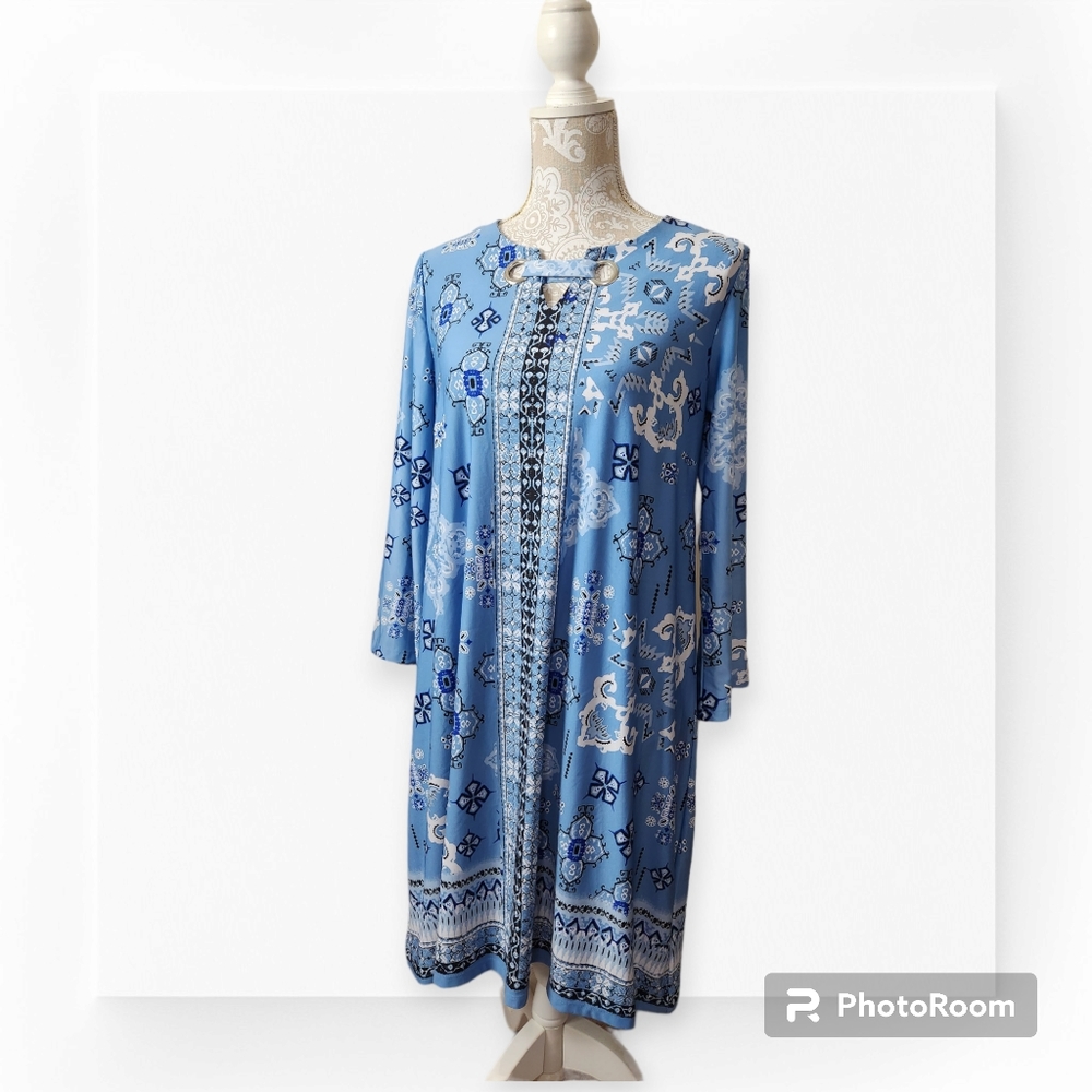 New Directions Blue Geometric Print Dress size small